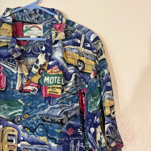 Paradise Found Blue and Red Car Print Shirt L - Picture 2 of 4